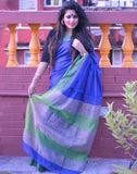 Striking Blue And Green Muslin Saree