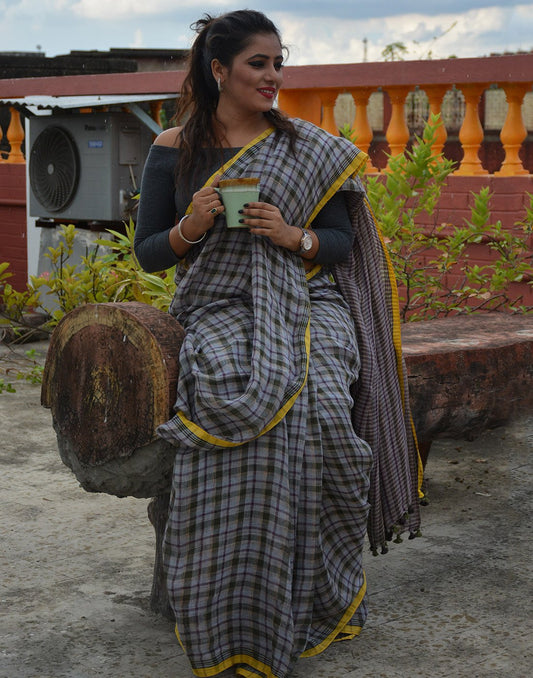 Grey Checked Linen Saree