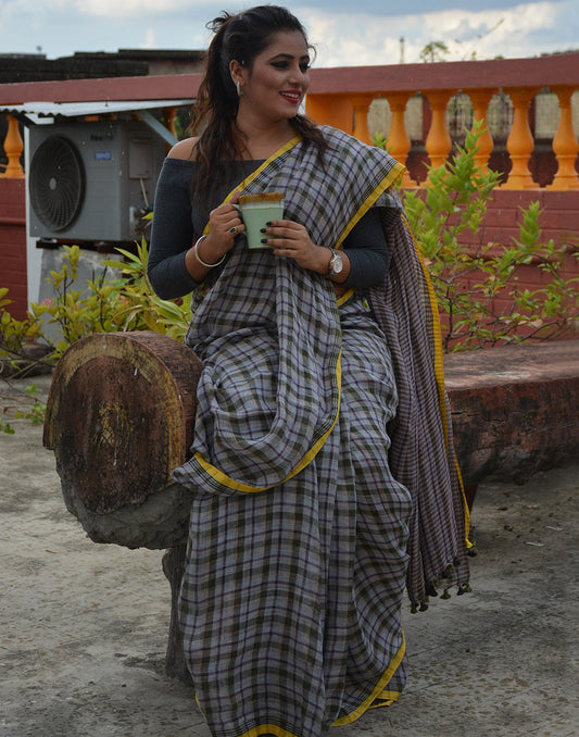 Grey Checked Linen Saree