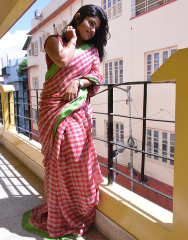 Red Checked Linen Saree