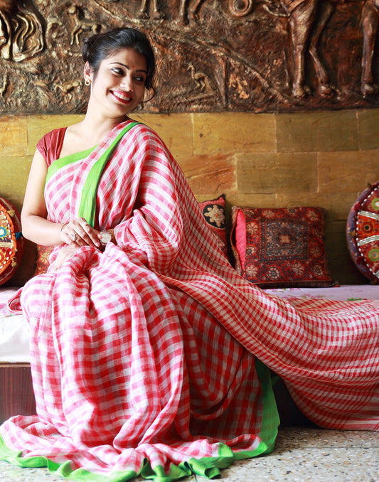 Red Checked Linen Saree