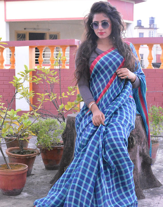 Blue Checked Linen Saree