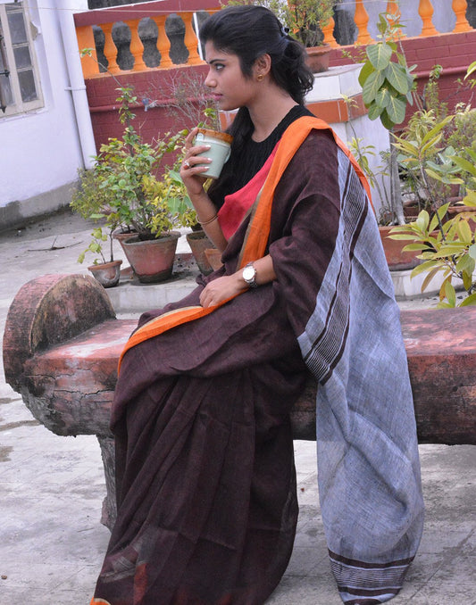 Coffee Brown Pure Linen Saree