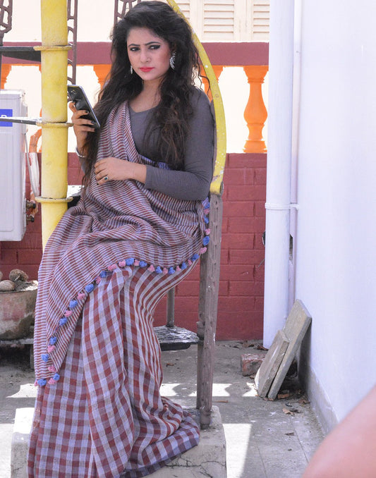 Grey Checked Linen Saree