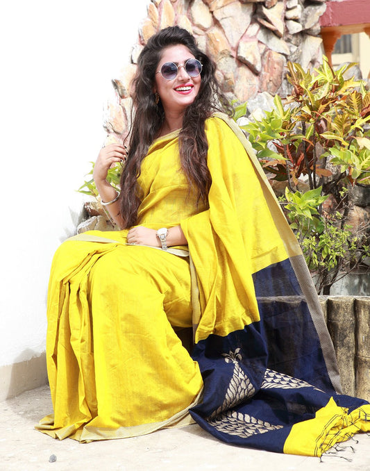 Enchanting Mustard Yellow Cotton Silk Saree