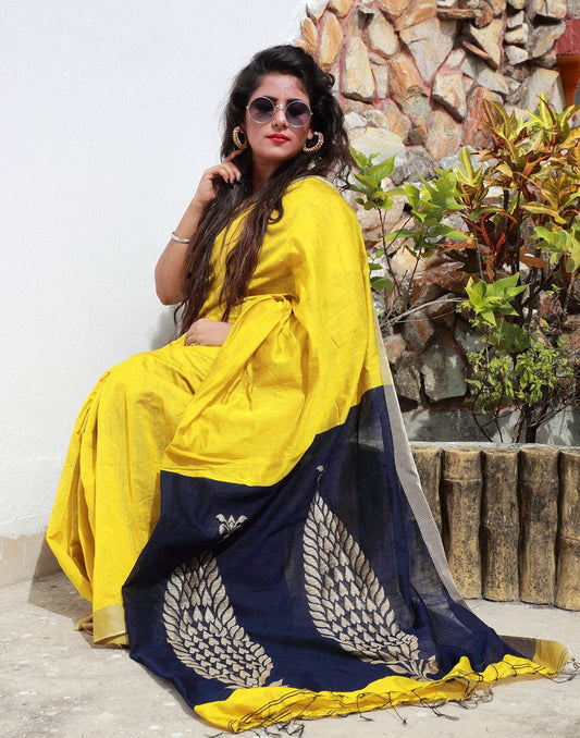 Enchanting Mustard Yellow Cotton Silk Saree