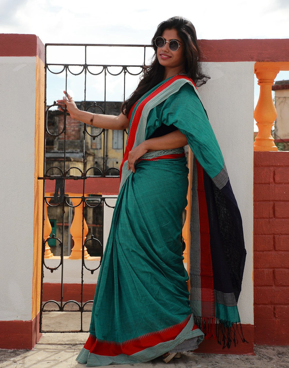 Turquoise Linen Saree