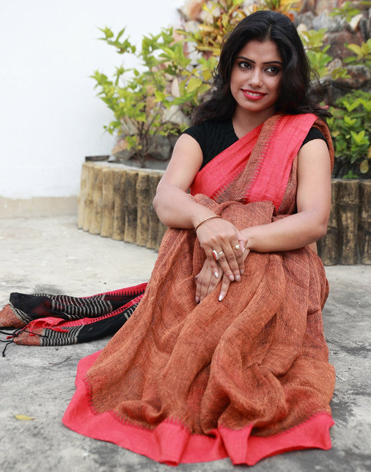 Rust Pure Linen Saree