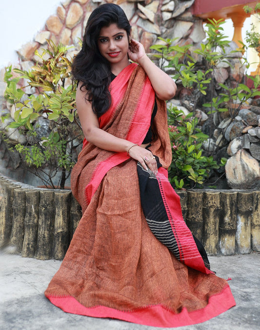 Rust Pure Linen Saree