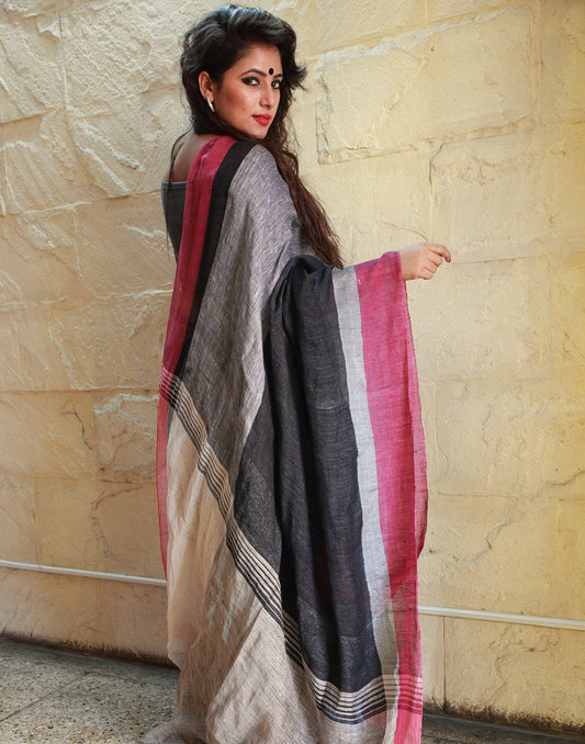 Dark Grey Pure Linen Saree