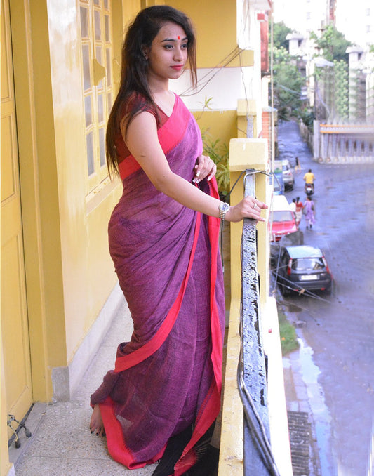 Onion Pink Pure Linen Saree