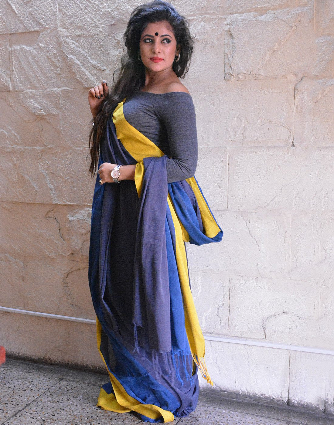 Dark Grey And Blue Khadi Cotton Saree