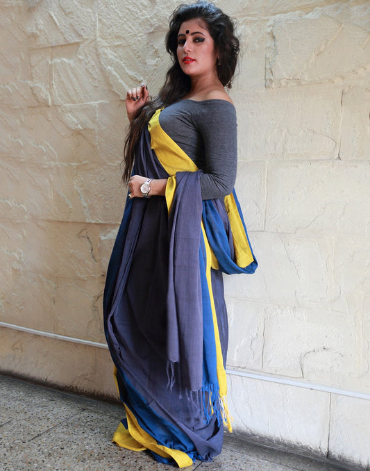 Dark Grey And Blue Khadi Cotton Saree