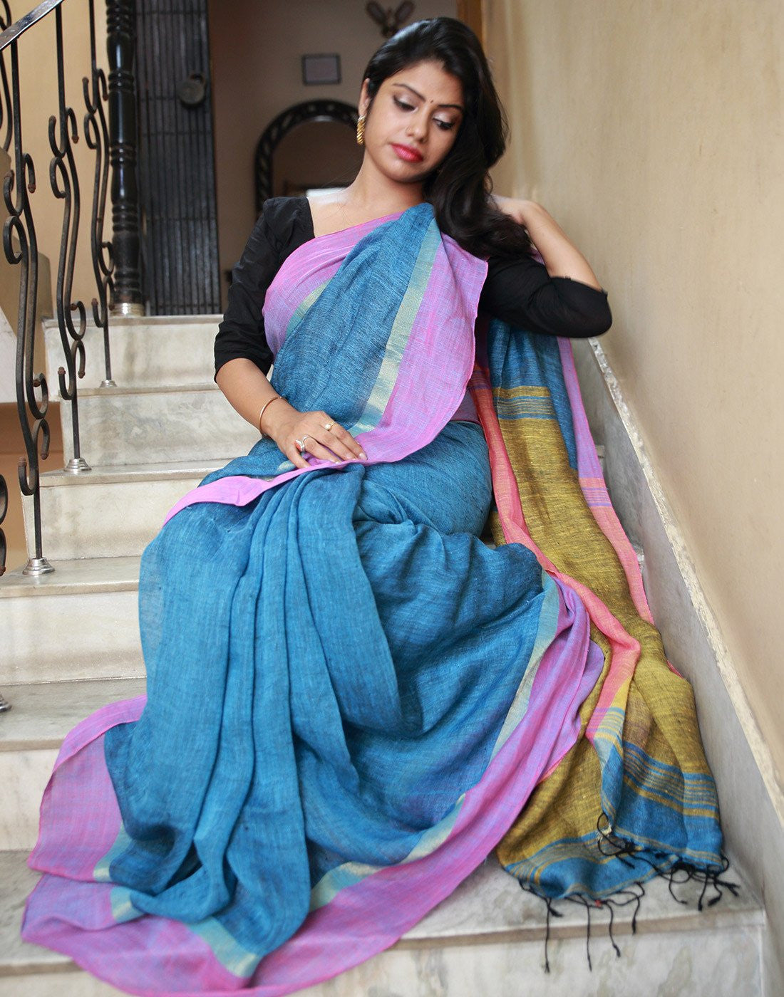 Blue Pure Linen Saree