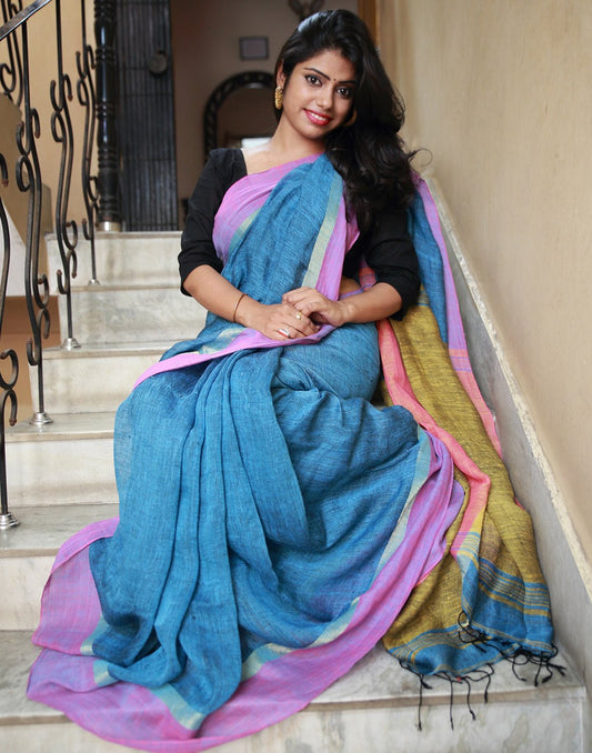 Blue Pure Linen Saree