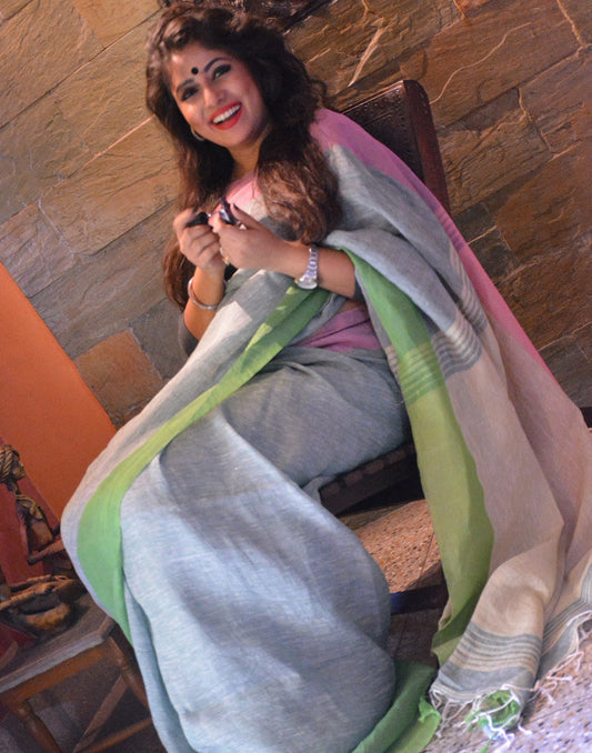 Ice Blue Pure Linen Saree