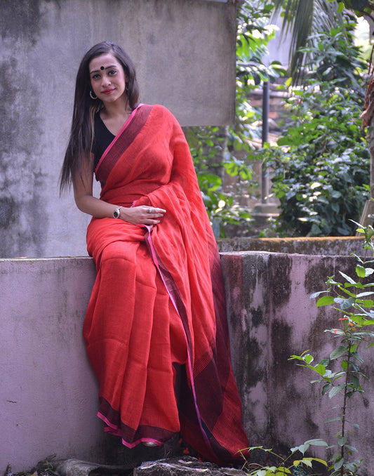 Mat Red Pure Linen Saree