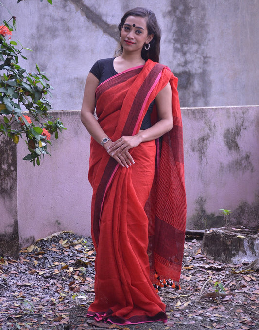 Mat Red Pure Linen Saree