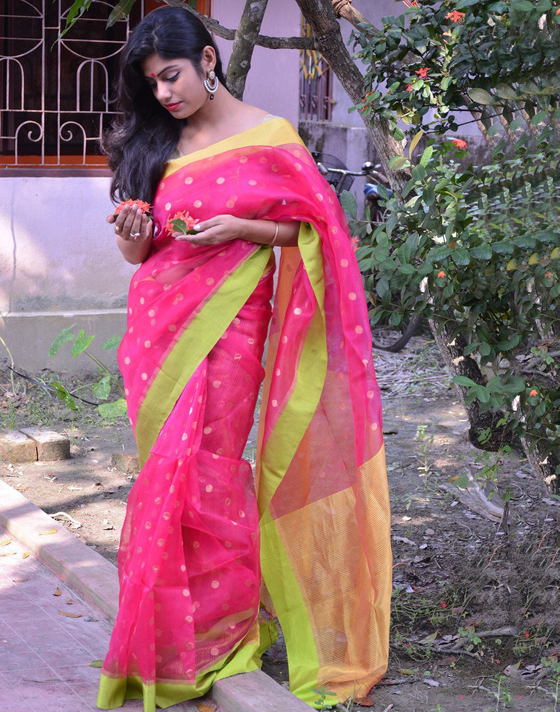 Bright Pink Bangladeshi Muslin Silk Saree