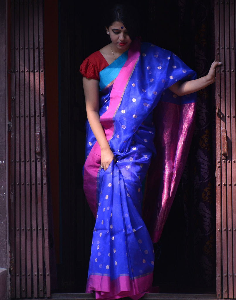 Buy charukriti Self Design Jamdani Cotton Silk Dark Blue Sarees Online @  Best Price In India | Flipkart.com