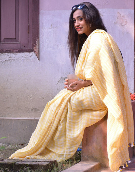 White And Yellow Checkered Linen Saree