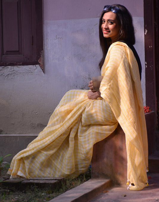 White And Yellow Checkered Linen Saree