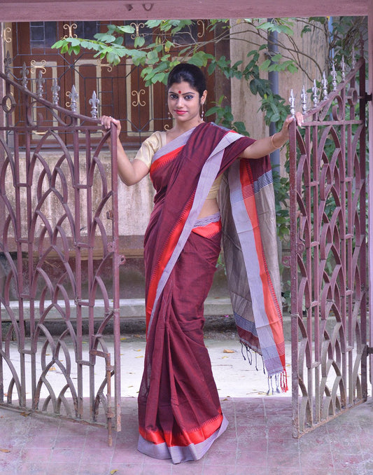 Maroon Khadi Cotton Saree