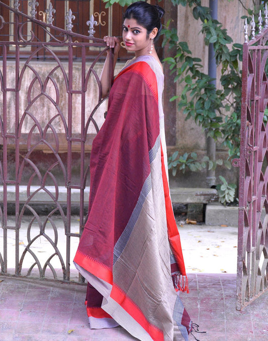 Maroon Khadi Cotton Saree