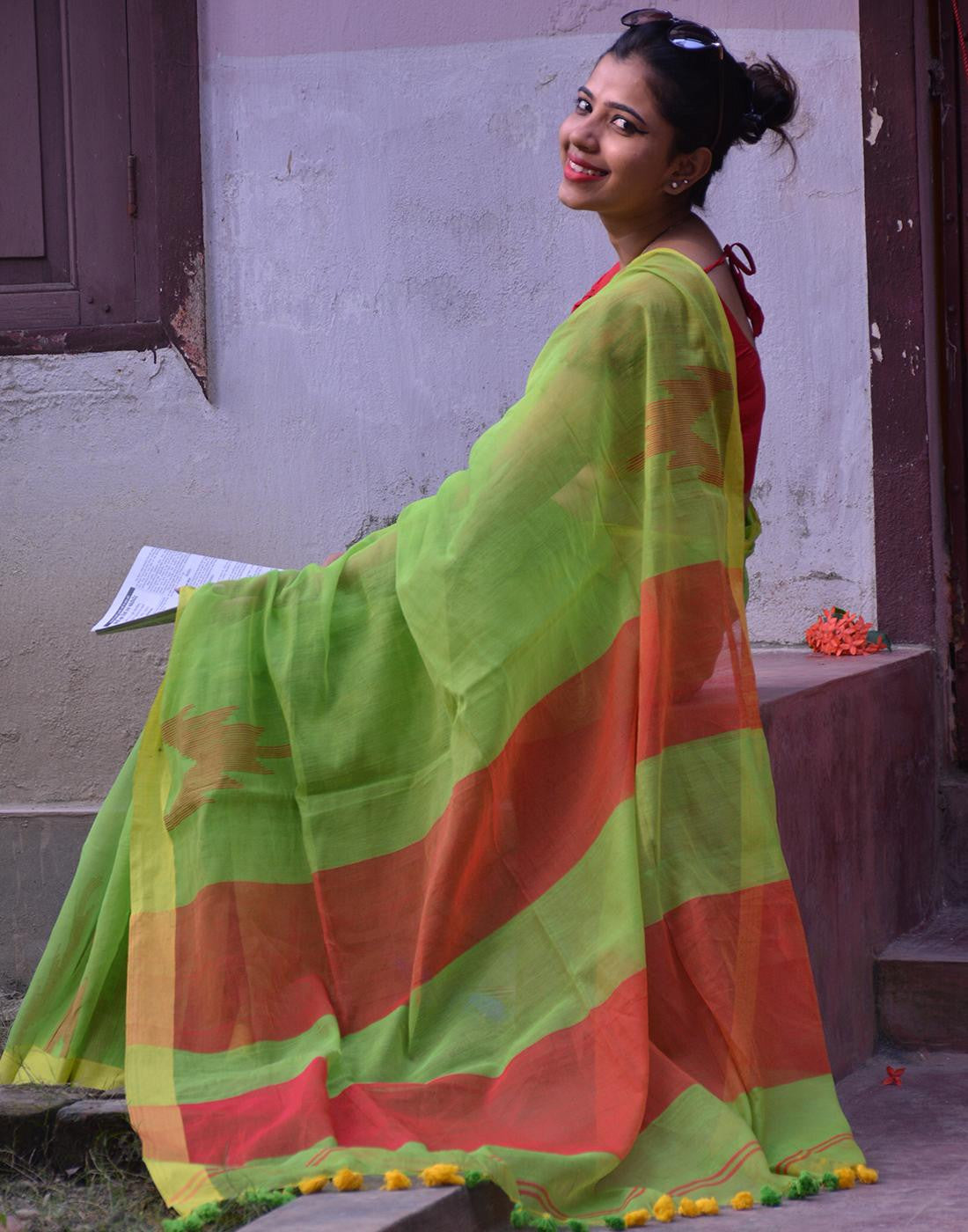 Leafgreen Handloom Muslin Cotton Saree