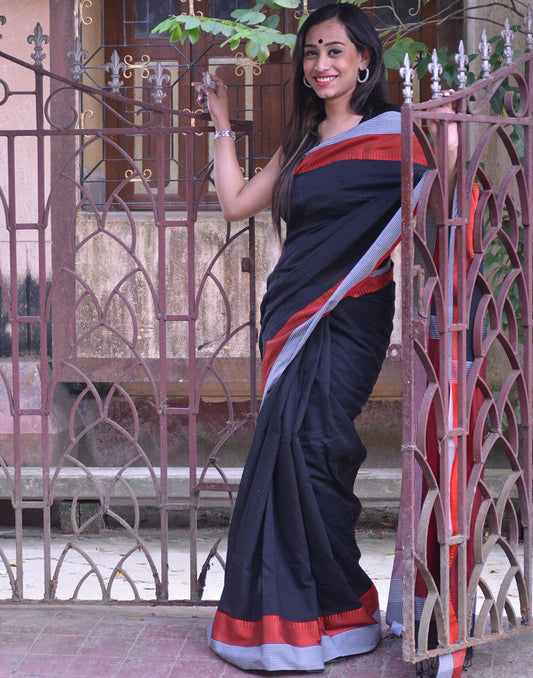 Black Khadi Cotton Handloom Saree