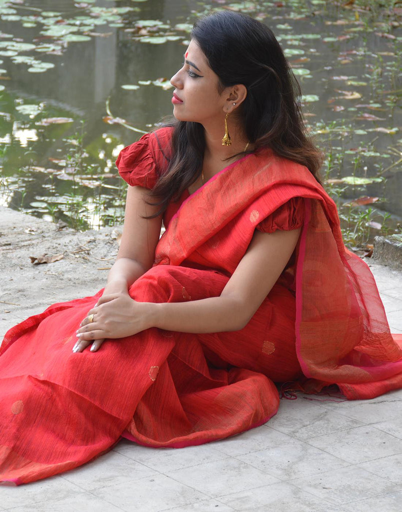 Red Motka Tussar Silk Saree