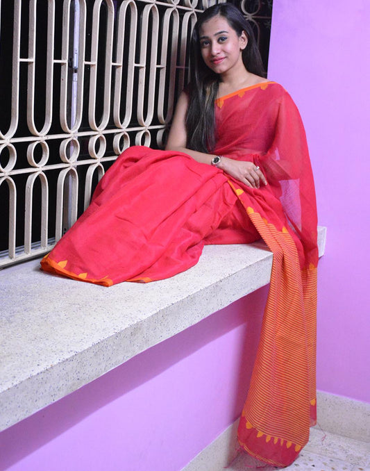 Coral Red Soft Muslin Cotton Saree