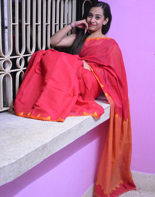 Coral Red Soft Muslin Cotton Saree