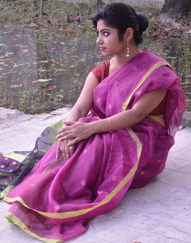 Magenta Bangladeshi Muslin Silk Saree