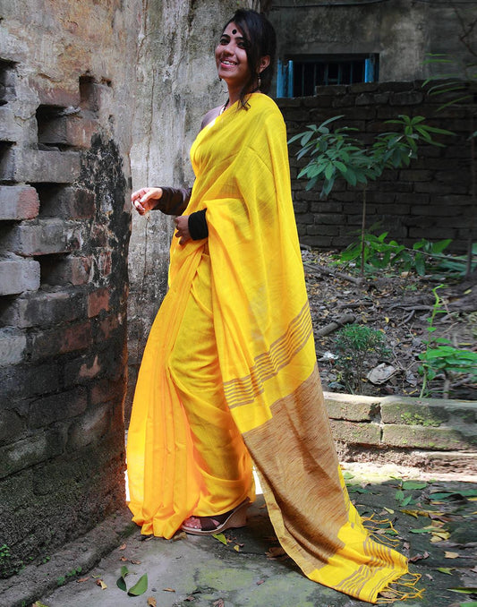 Yellow Tribal Weaved  Jute Cotton Saree