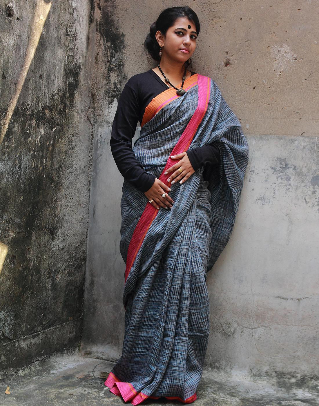 Rust Blue Pure Linen Saree