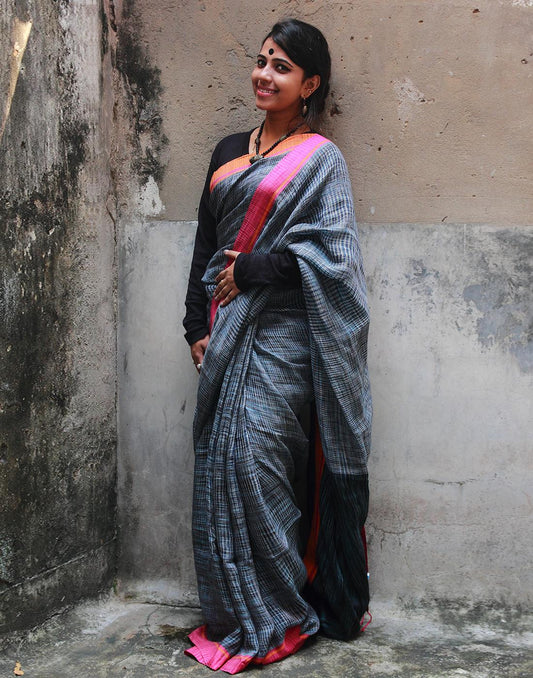 Rust Blue Pure Linen Saree