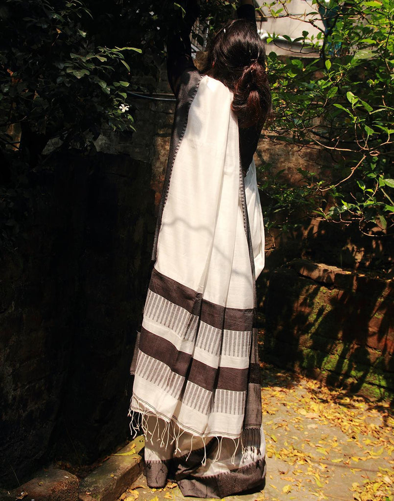 Black And White Silk Cotton Handloom Saree