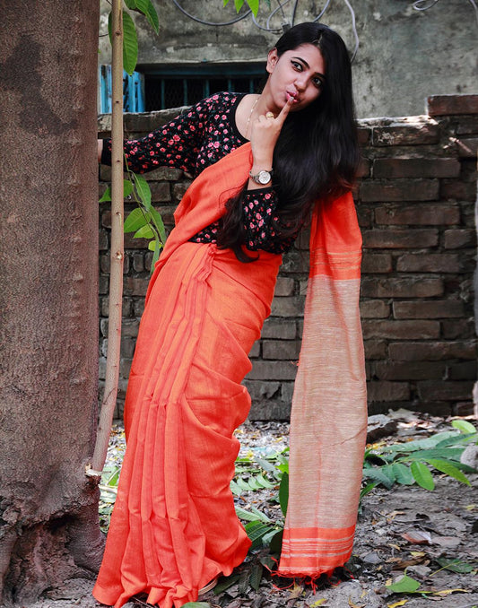 Orange Jute Cotton Saree