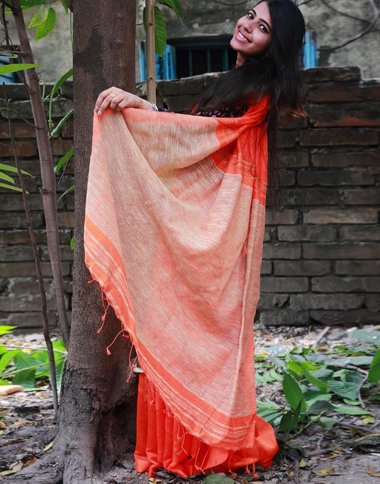 Orange Jute Cotton Saree