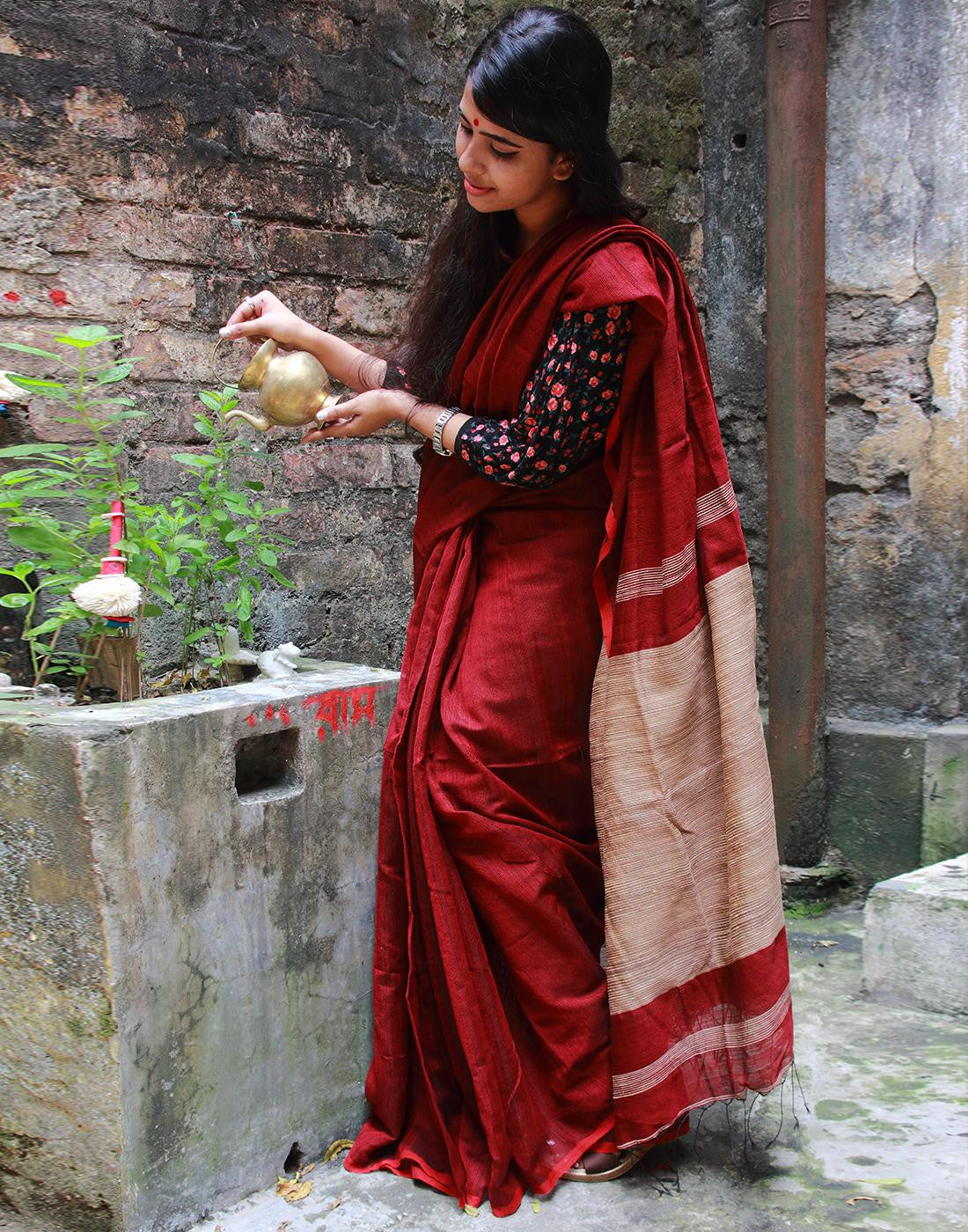 Maroon Jute Cotton Saree