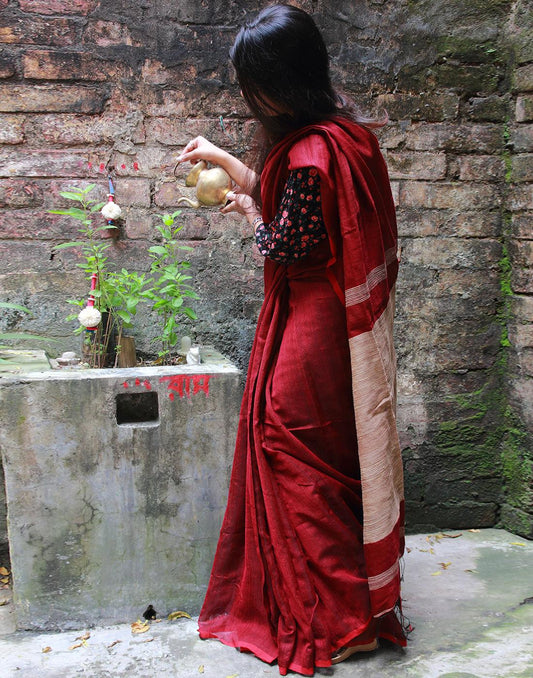 Maroon Jute Cotton Saree