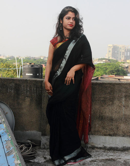 Black Pure Linen Handloom Saree