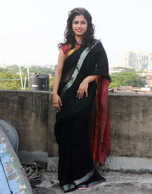 Black Pure Linen Handloom Saree