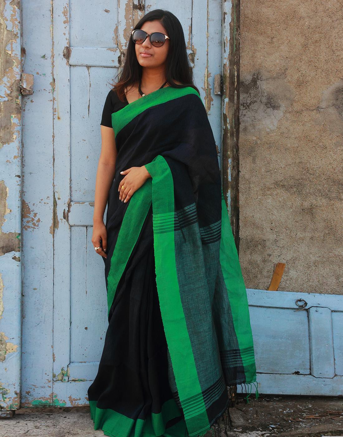 Dark Blue Pure Linen Handloom Saree