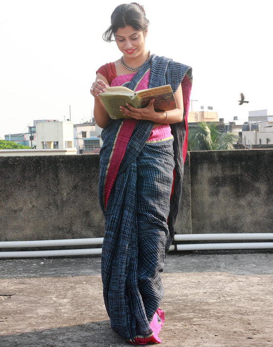 Blue Pure Linen Handloom Saree