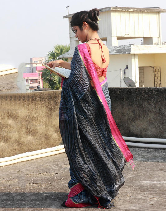 Blue Pure Linen Handloom Saree