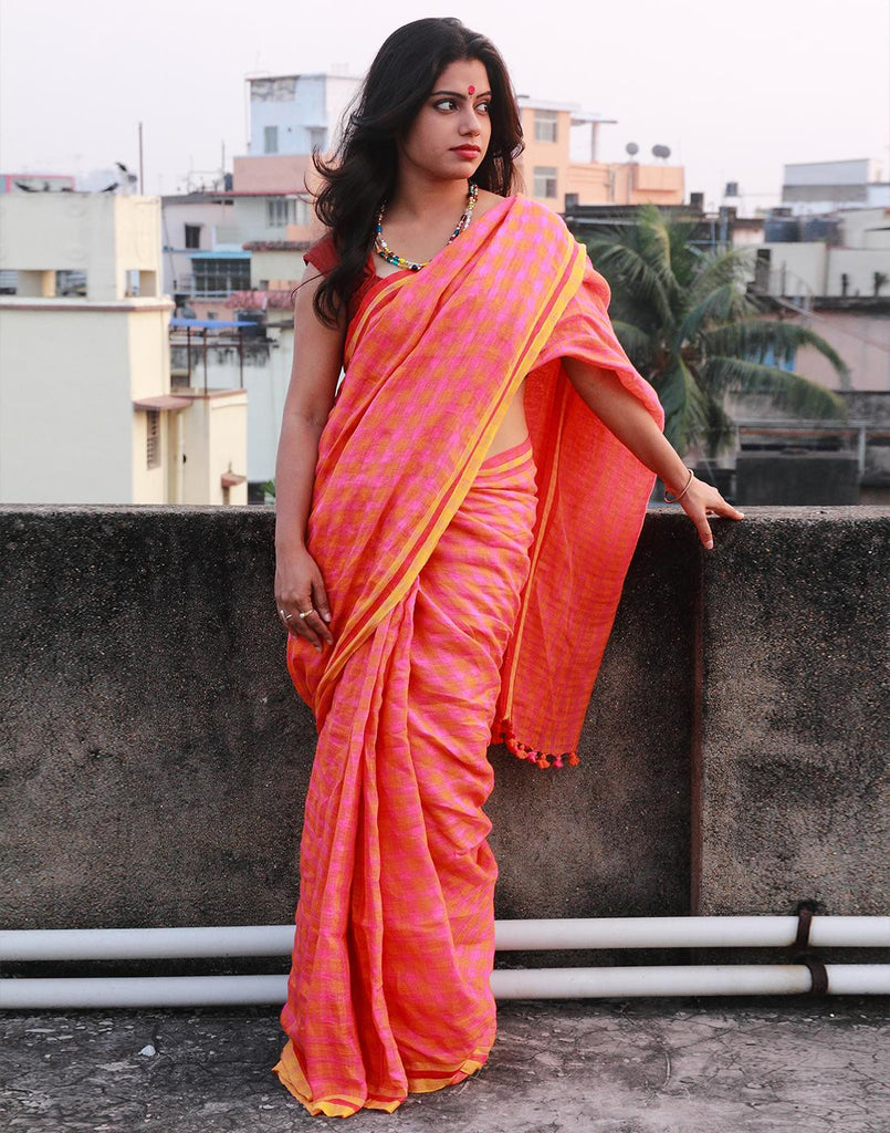 Handwoven Bengal Handloom Orange With Black Border Hand Woven Pure Cotton  Saree at Best Price in Kolkata | Ramkrishna Basak