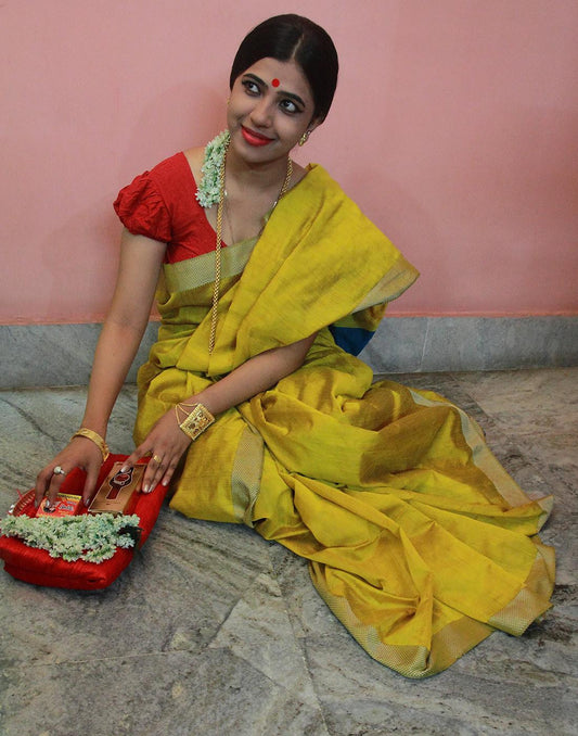 Mustard Yellow Ahinsa Silk Cotton Handloom Saree