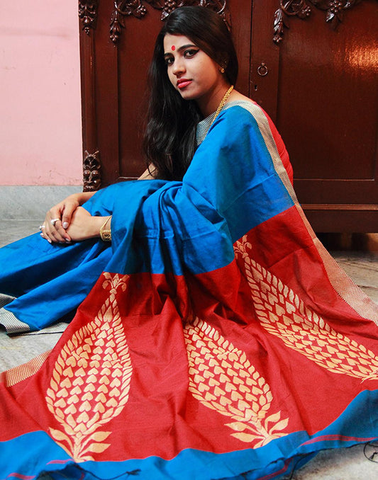 Turquoise Blue Silk Cotton Handloom Saree